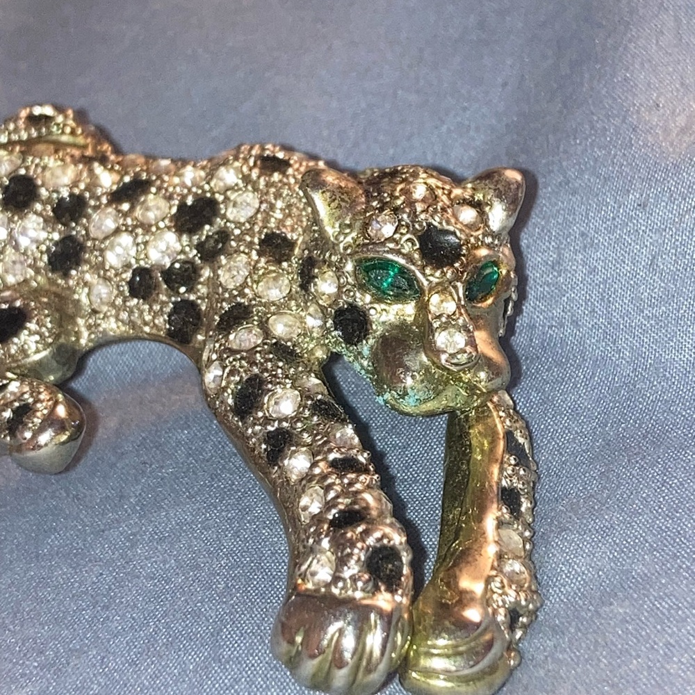 Crystal Leopard Brooch in Gold with Black Spots and Green Eyes